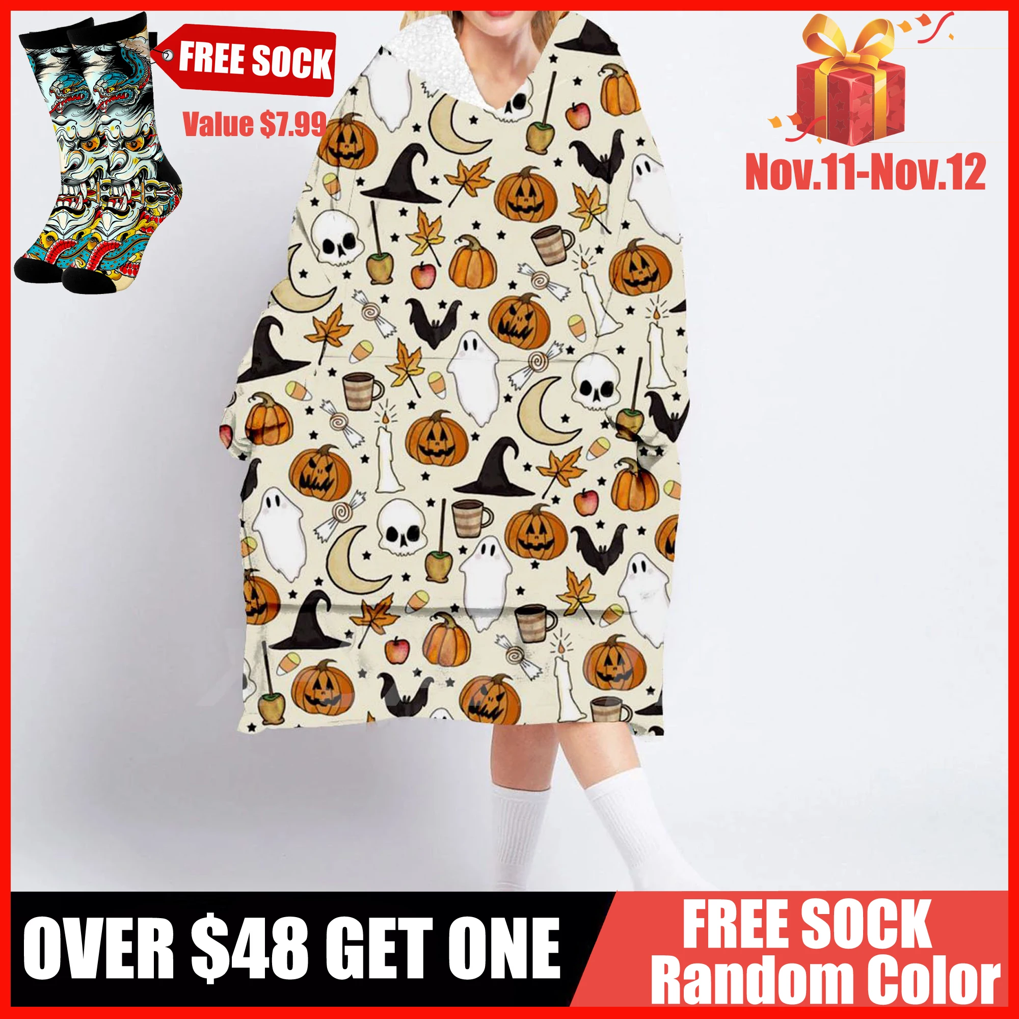 Lovely Halloween Gift 3D Wearable Blanket Hoodie Oversized Fleece Hooded Blanket Large Front Pocket Pajamas Sherpa Flannel