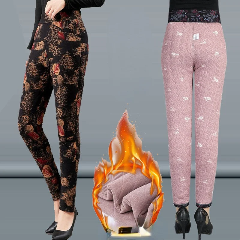 

2021 Women Winter Fashion Printed Cotton Trousers Female High Waist Warm Pants Ladies Middle-aged Plus Velvet Leggings E468
