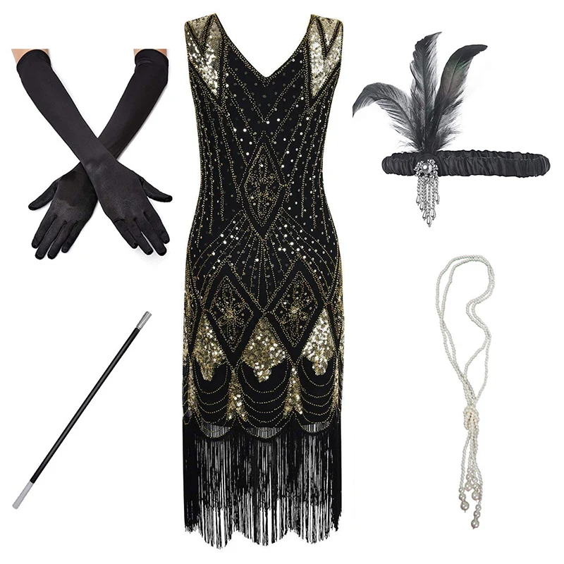 Gold Set B(NEW) 1920s Flapper платье Great Gatsby вечерние платья с блестками и бахромой - Цвет: Gold Set B(NEW)