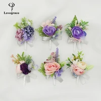 lovegrace corsage groom boutonniere pin bride wrist corsage pink purple silk rose bracelet men prom wedding flower accessories