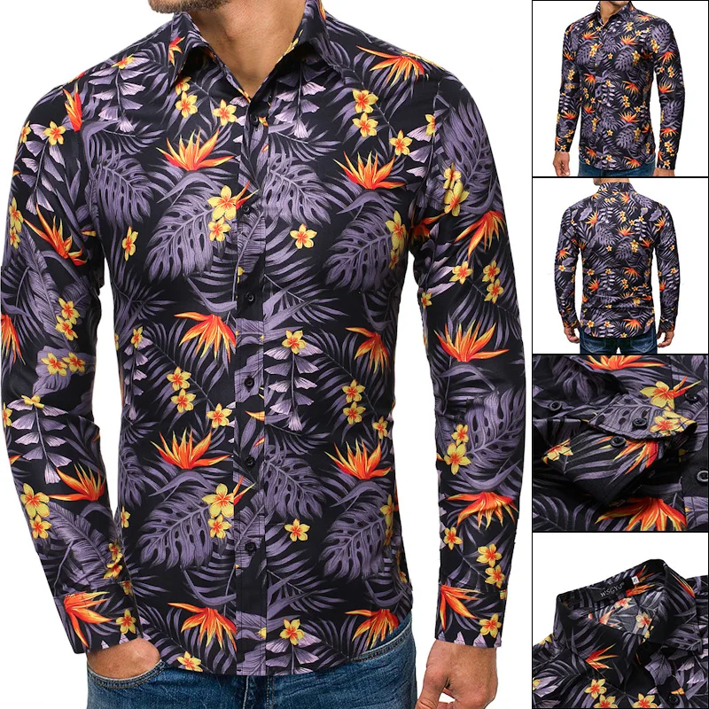 Новая мужская рубашка с фиолетовым листом большого размера свободная длинным