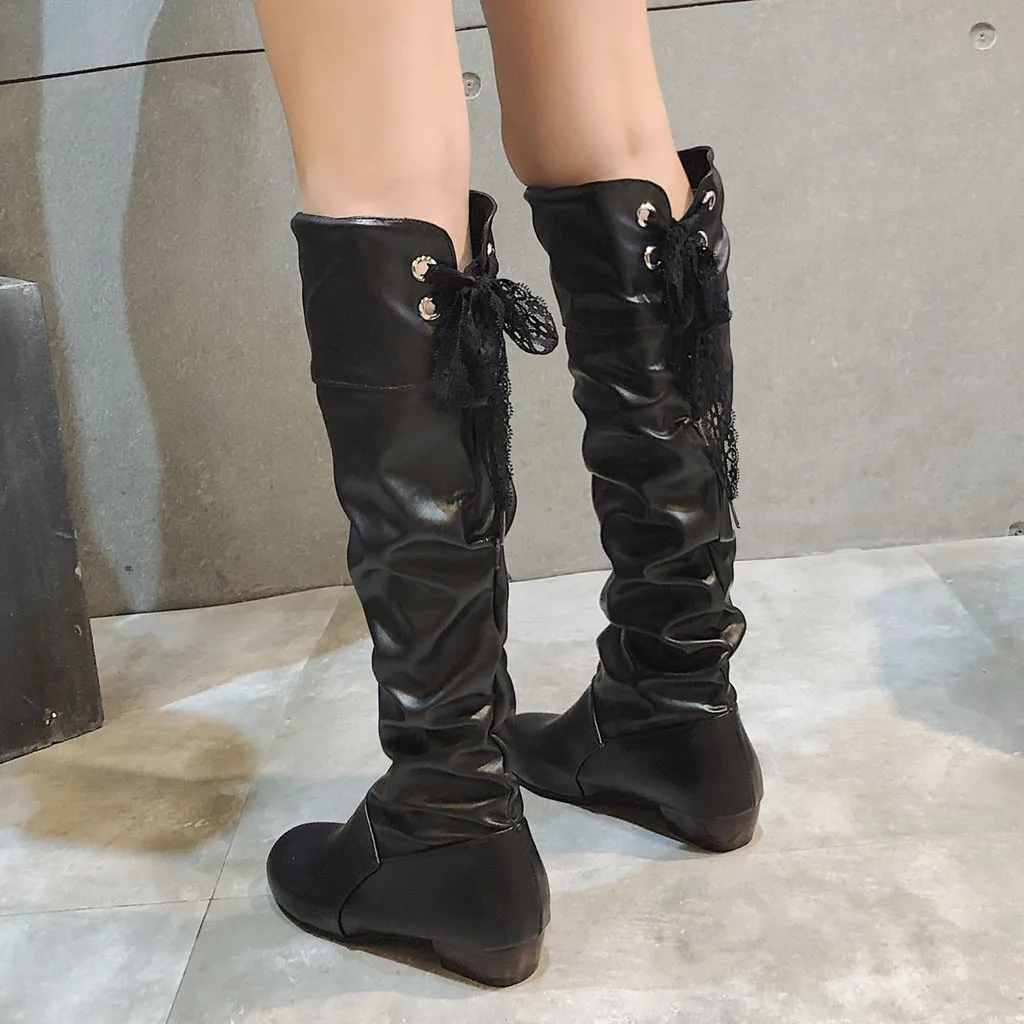 platform over the knee boots Lace Strappy Flat Boots Large Size Student black women botines mujer 2019#g3 | Обувь