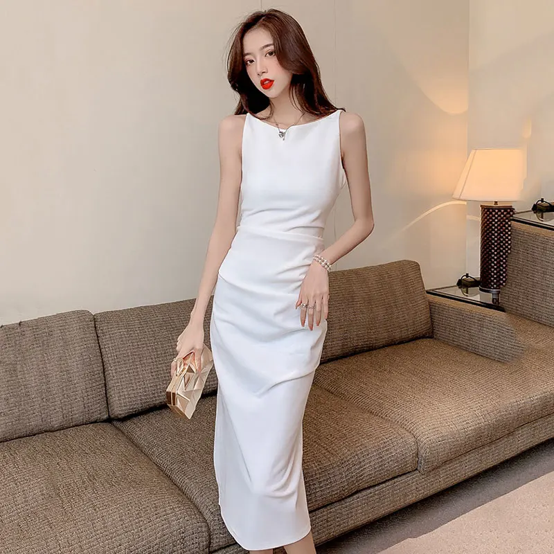 

Women French Style Camisole Dress Summer 2021 New Elegant Gentlewomen Fashion Slash Neck Sleeveless Slim Long Dress Party Dress