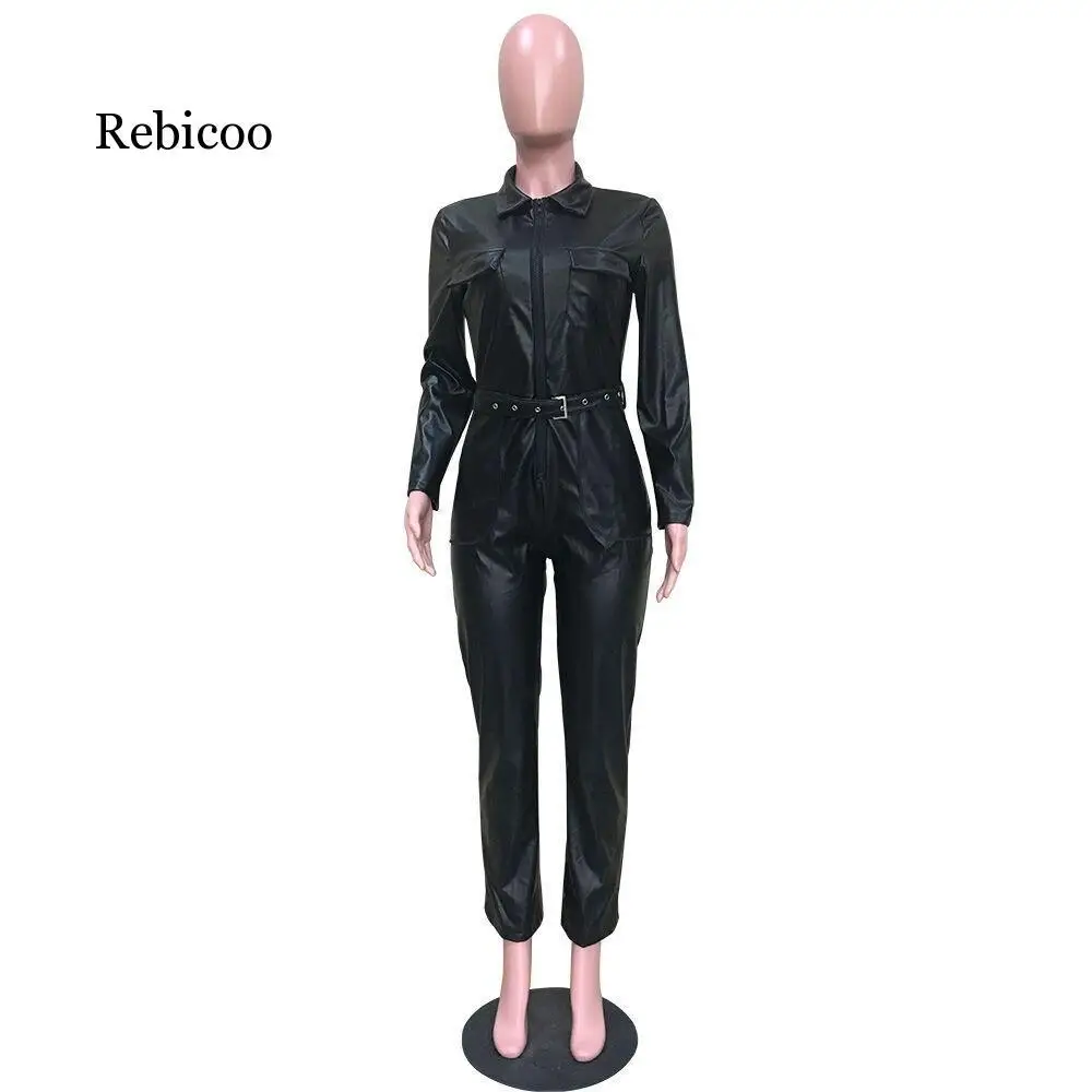 

Women Turn Down Collar Faux Leather Jumpsuit Long Sleeve Black Pu Leather Jumpsuit Bodycon Pocket Zipper Party Jumpsuit
