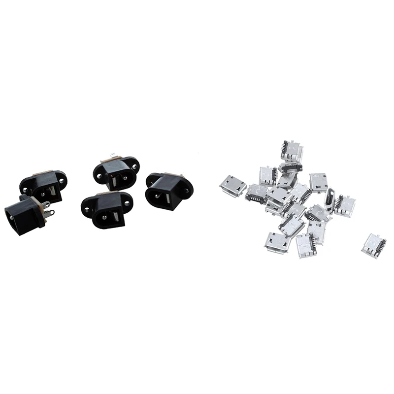 

5Pcs Female Dc Power Plug Jack Socket Black & 20Pcs Diy Micro-Usb 5 Pin Female Connector Glass Surface, Smd Mount