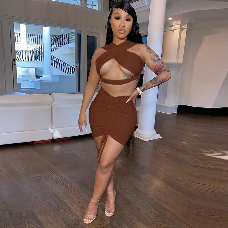 

2021 Spring/Summer Women's New Style Hang a neck backless Cross Hollow out Vest Shirring Hip Mini Skirt set