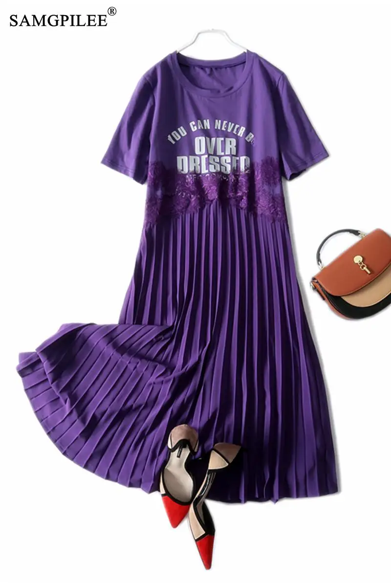 

Woman Dresses 2021 New Fashion Casual A-line Letter Pattern Short Sleeve Folds Mid-calf Empire O-neck Summer Clothes For Women