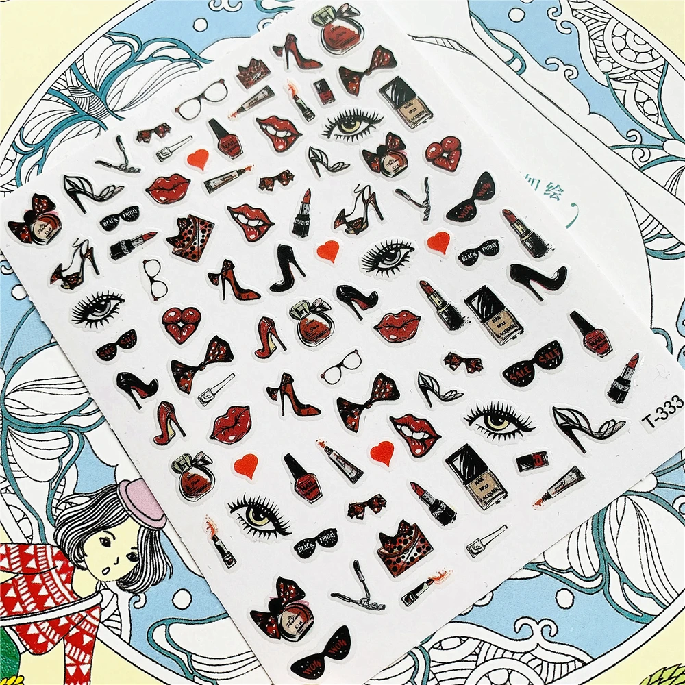 

T-333 T-340 Eyes high heels red lips lipstick 3D Back glue Nail Art Stickers Decals Sliders Nail ornament decoration