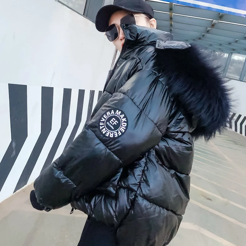 

Unua amo Winter Women's Parka Fur Collar Hooded Down Jacket 2021 Loose Fit Fashion Glossy Thick Warm Winter Coat Woman