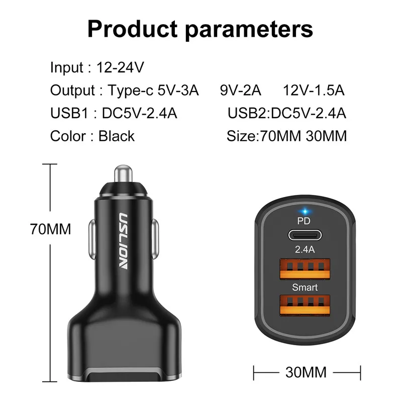 uslion 30w car charge pd 3 ports usb qc4 0qc3 0 type c fast charge for xiaomi huawei samsung mobile phone charger adapter in car free global shipping