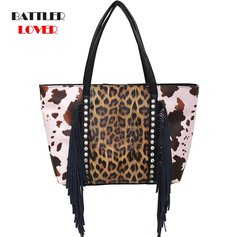 

Women New Leopard Casual Totes Bags Diamonds Tassel Design Handbags For Female Fashion Brand Shoulder Purse Lady Travel Satchels