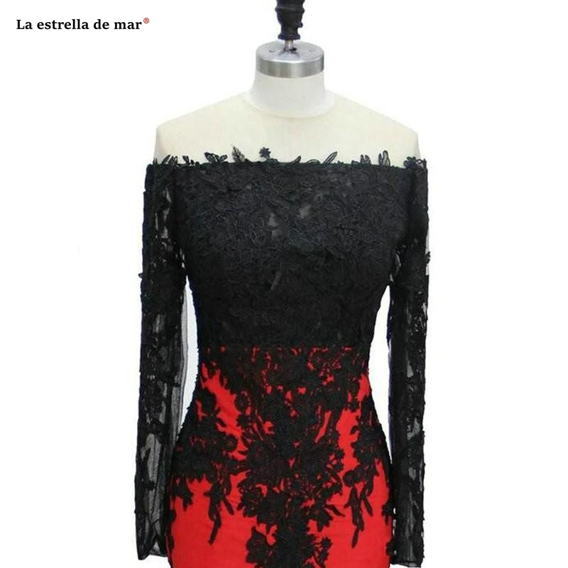 

Vestido de graduacion largo new lace long sleeve sexy mermaid black red turkish prom dress real photo dubai evening Gown