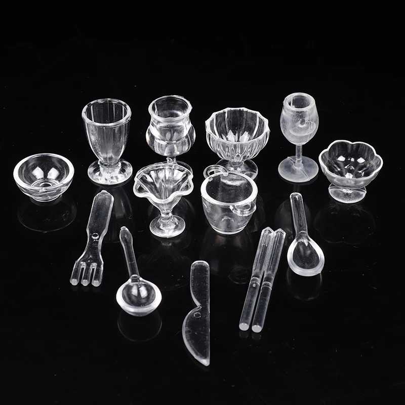 

13/17Pcs Dollhouse Miniature Transparent Drink Cups Plate Set Pretend Play Dollhouse Tableware Accessories For Dollhouse Decals