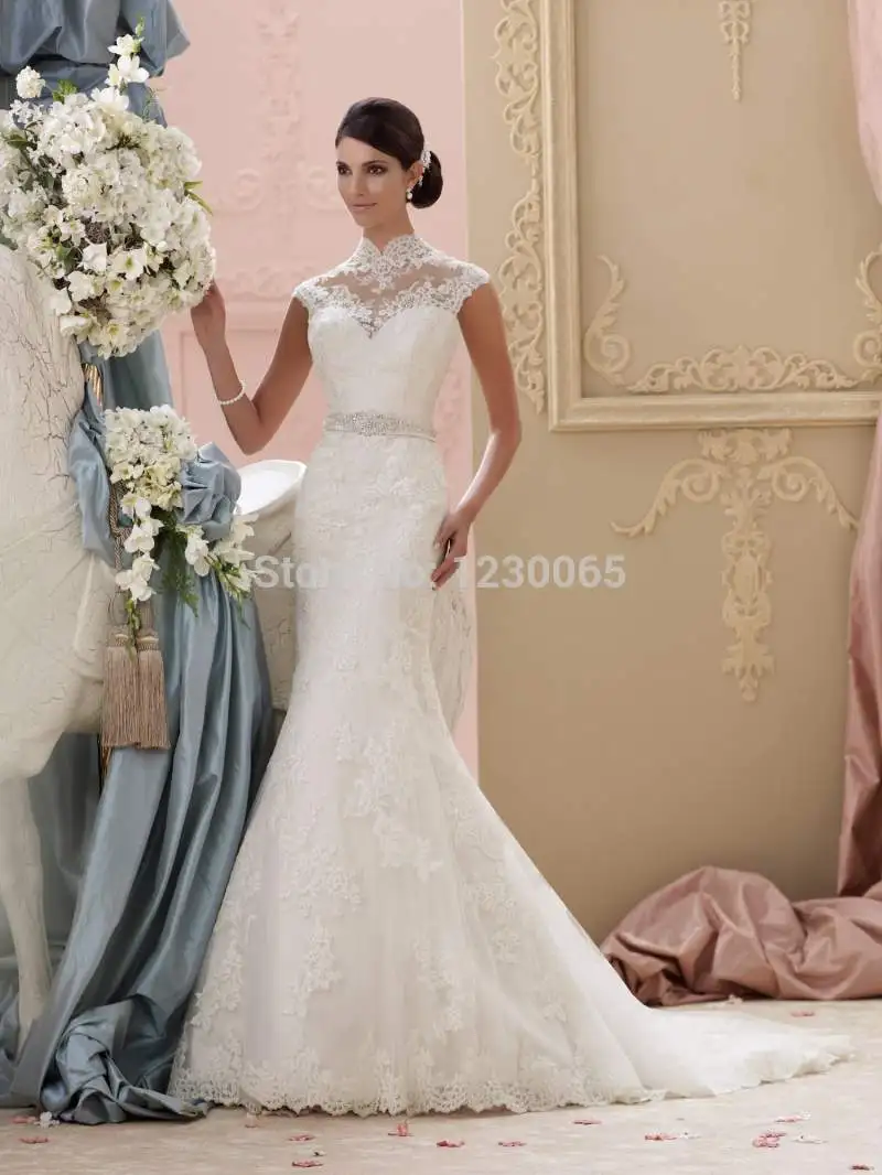 

custom highneck lace mermaid wedding dress 2016 free shipping sexy vestido de noiva longo casamento romantic new appliques belt