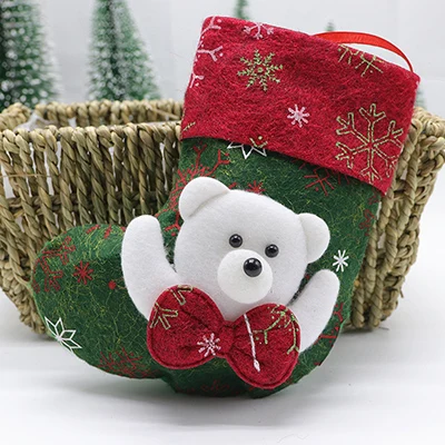 green bear Милые маленькие рождественские чулки, Рождественские Носки с рисунком Санта-Клауса, снеговика, лося, медведя, Подарочная сумка для детей, украшения на рождественскую елку - Цвет: green bear