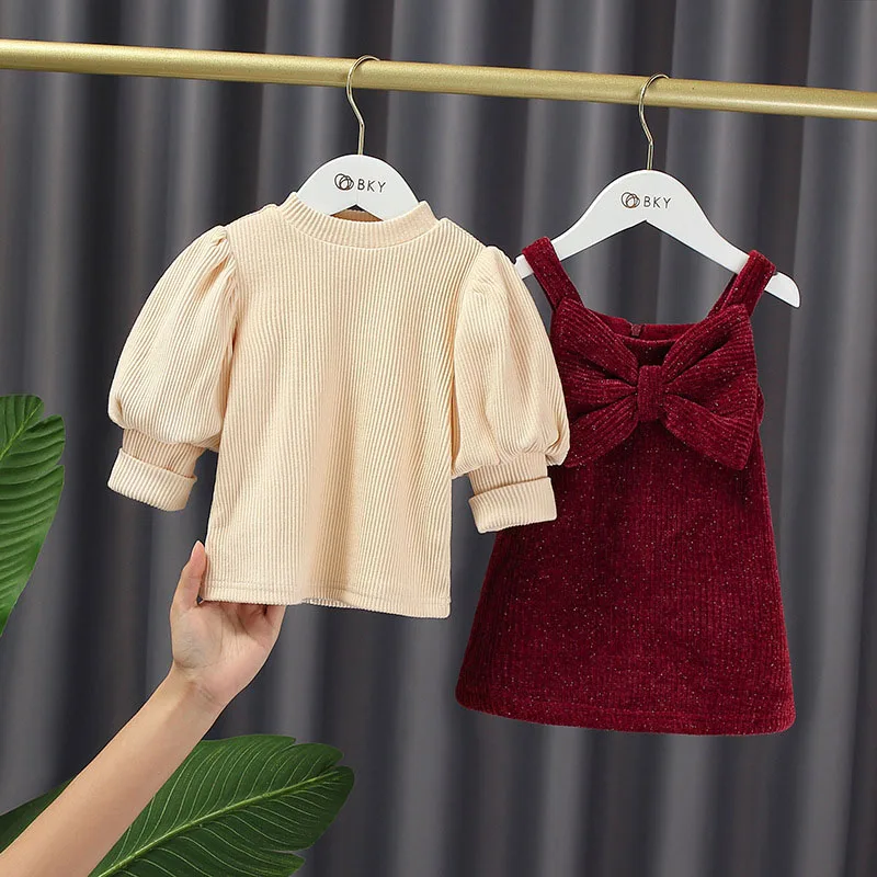

Children's Corduroy Outfits Girls Christmas Princess Clothing New Fashion Kids Baby Puff Sleeve Top And Bowknot Strap Dress 2-7Y