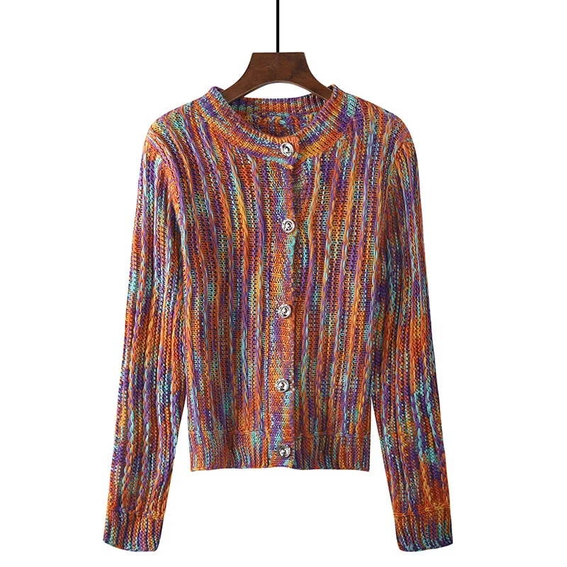 

Rainbow Cardigan Sweater 2020 Autumn New Contrast Color Knit Cardigan Women Elegant Round Neck Long-sleeved Kawaii Cardigan