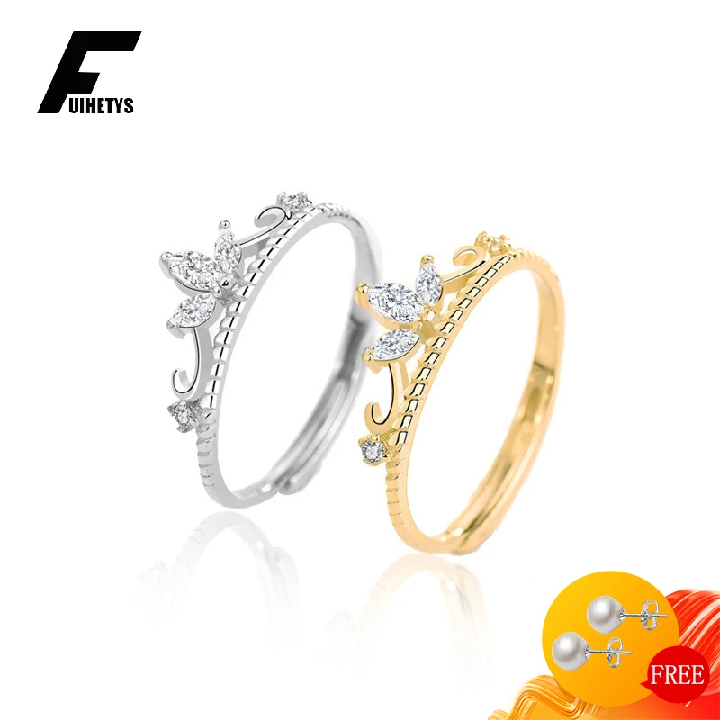 

FUIHETYS Women Ring S925 Silver Jewelry with Zircon Gemstone Crown Shape Open Finger Rings Accessories for Wedding Party Gift