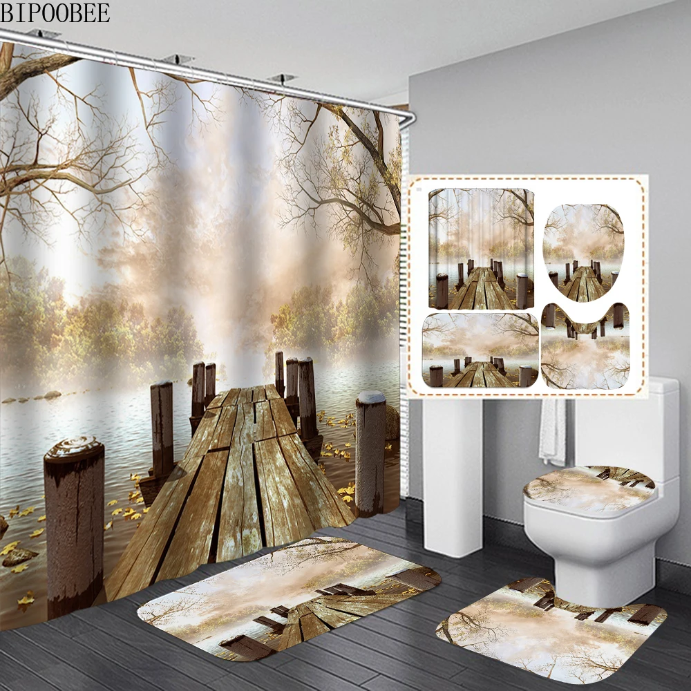 Лесные деревья растения занавески для ванной комнаты душа с природным пейзажем