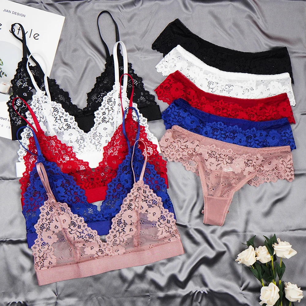 

Women's Transparent Bras Beauty Back Hollow Embroidery Bra & Brief Sets Ultra-Thin Cup Mesh Lace Underwear Set