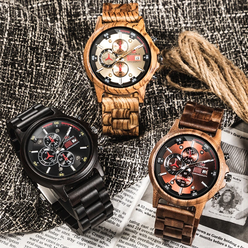 Fashion Wooden Men Watch Natural Zebra Wood Wristwatch with Date and Multiple Time Zone reloj hombre Men's Gift Watches W-K01
