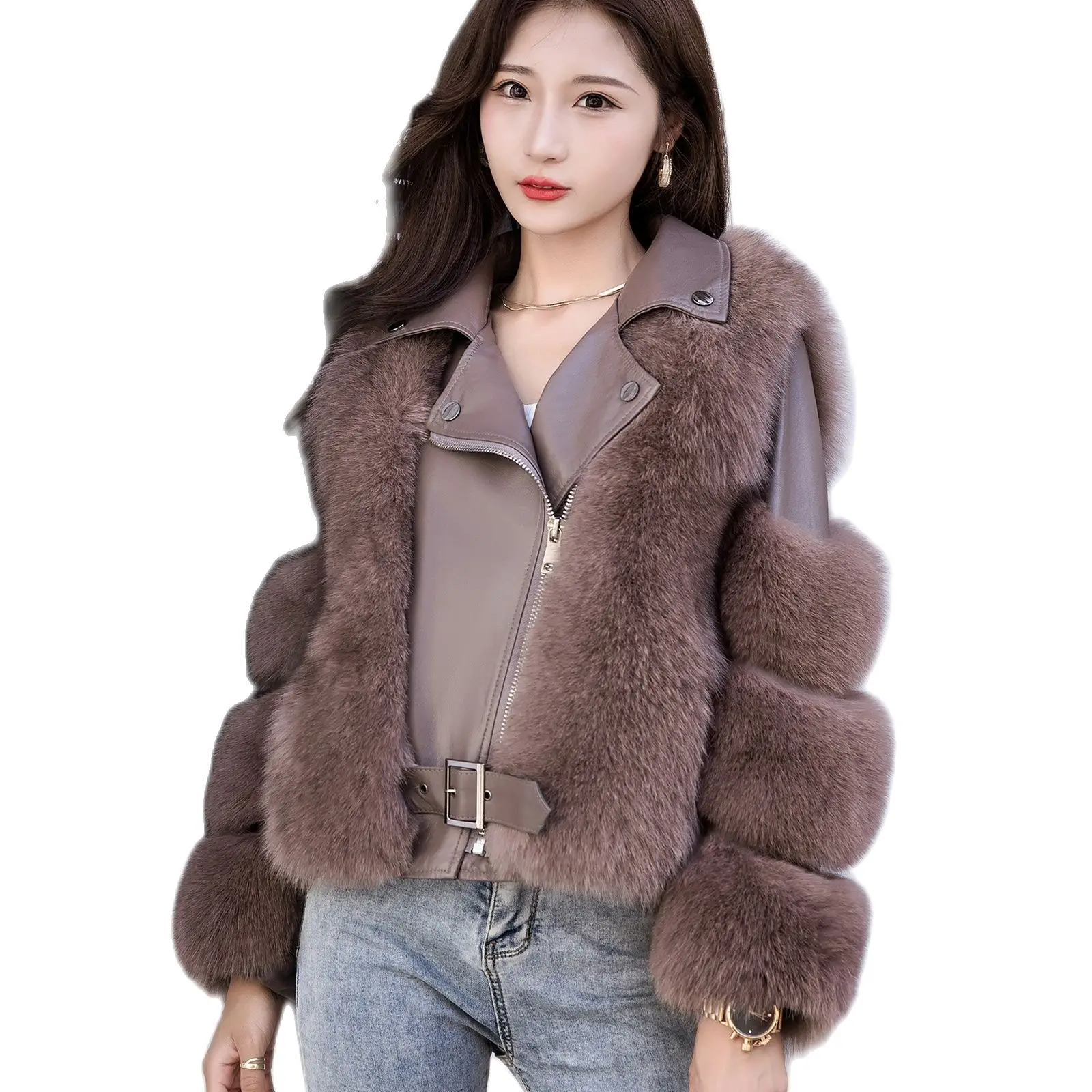 Animal fur patchwork coat fur whole leather jacket fox fur autumn coat women's short fur locomotive butt winter sheepskin coat