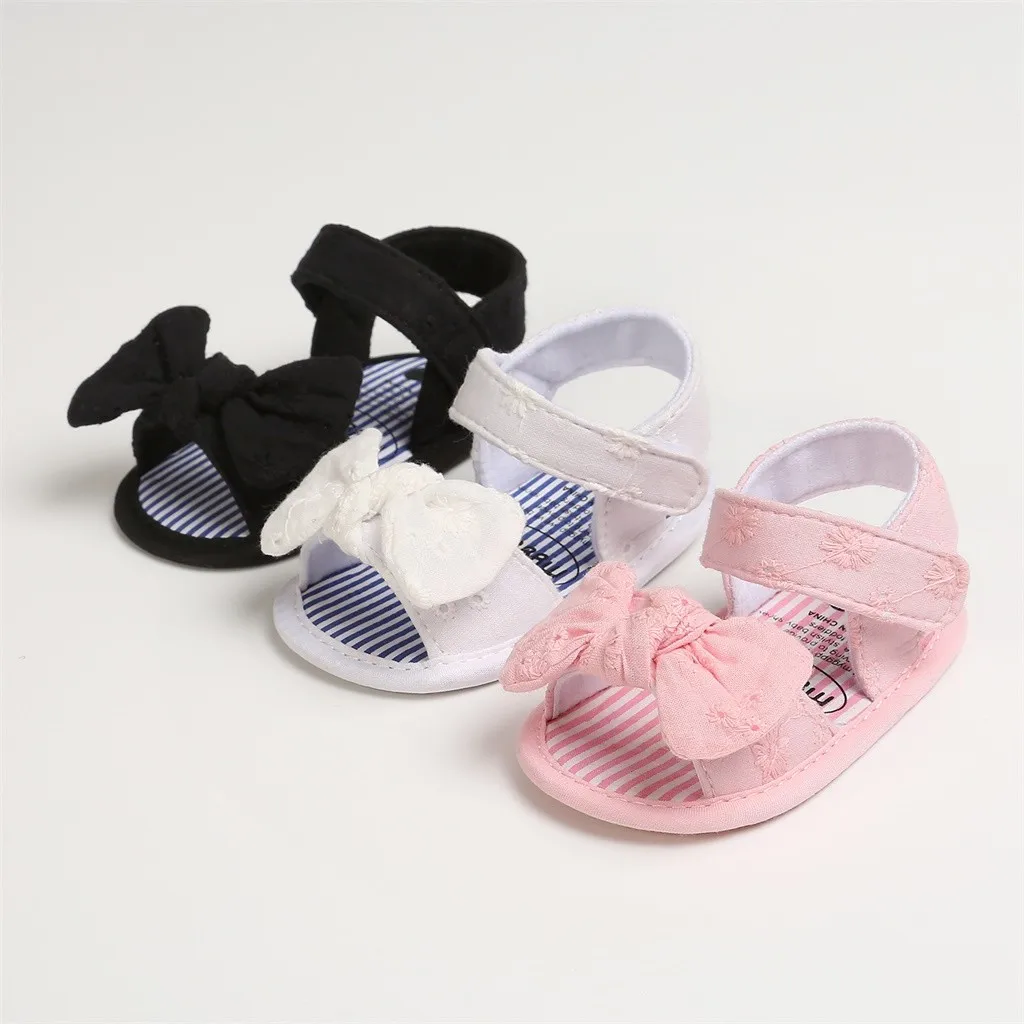 Summer Baby Girl Bowknot Sandals Anti-Slip Crib Shoes Soft Sole Prewalkers Flower Black Pink White Sandalias Infantil | Мать и ребенок