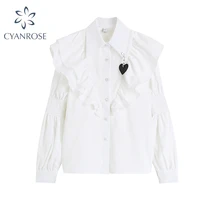 fashion vintage shirt women tops 2021 new blouse sweet autumn tiered ruffles auricular edge heart shaped bubble sleeve white top