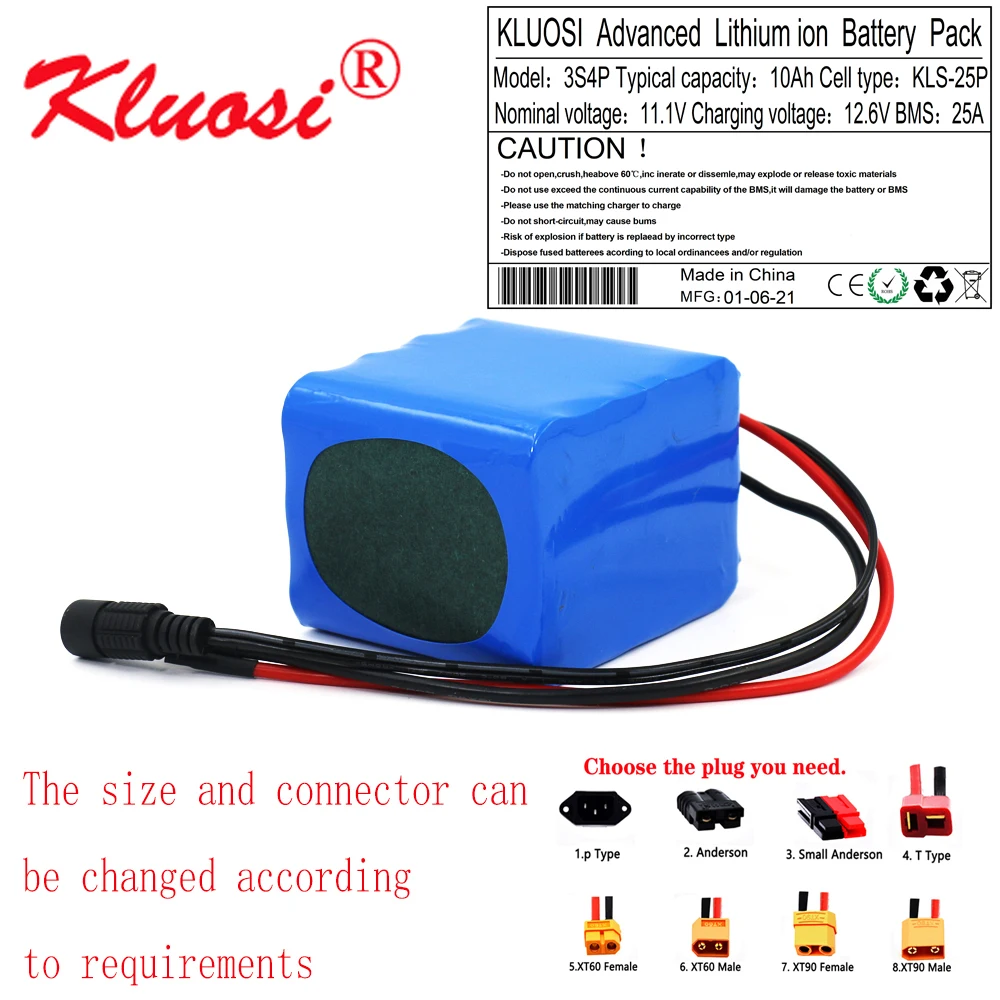 

KLUOSI 12V 10Ah 250W 3S4P High Capacity 12.6V Li-ion Battery Pack with 25A BMS for LED Lamp Light Backup Power Electrical Tool