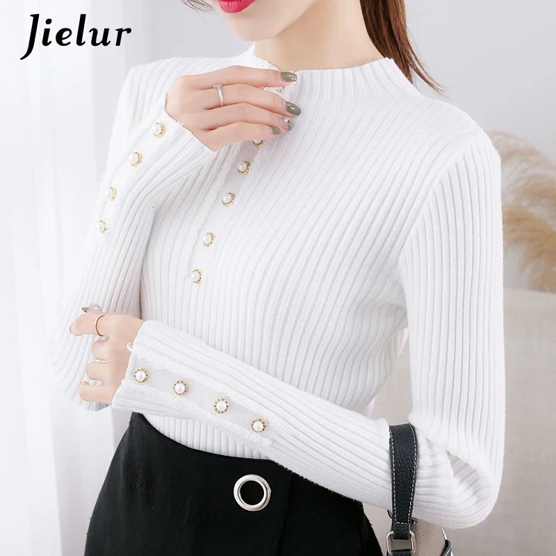 Jielur 2021 White Black Female Sweaters Fashion Thick Beading Lady Knitted Sweater Women Semi-high Neck Korean Top 5 Colors S-XL | Женская