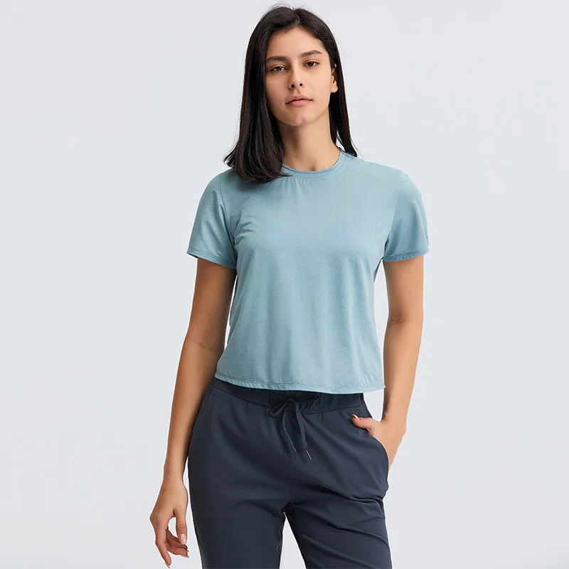 

2021 spring and summer new round neck loose and breathable yoga clothes running fitness moisture absorption and sweat wicking