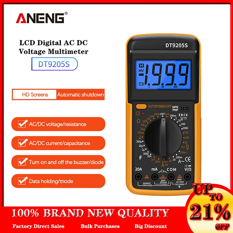 

ANENG DT9205S LCD Digital Multimeter AC/DC Voltage Current Resistance Capacitance HFE Diode Tester 1999 Counts Voltmeter Ammeter