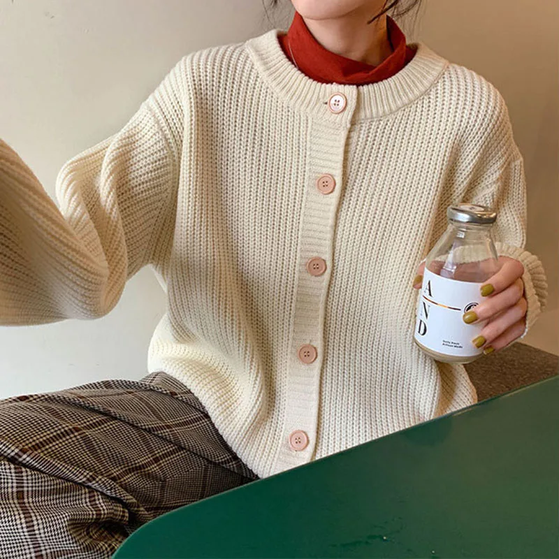 

Cardigan Women Button Loose Solid Spring Outerwears New Collection Female All-match Causal Harajuku Preppy Style Girls Knitwears