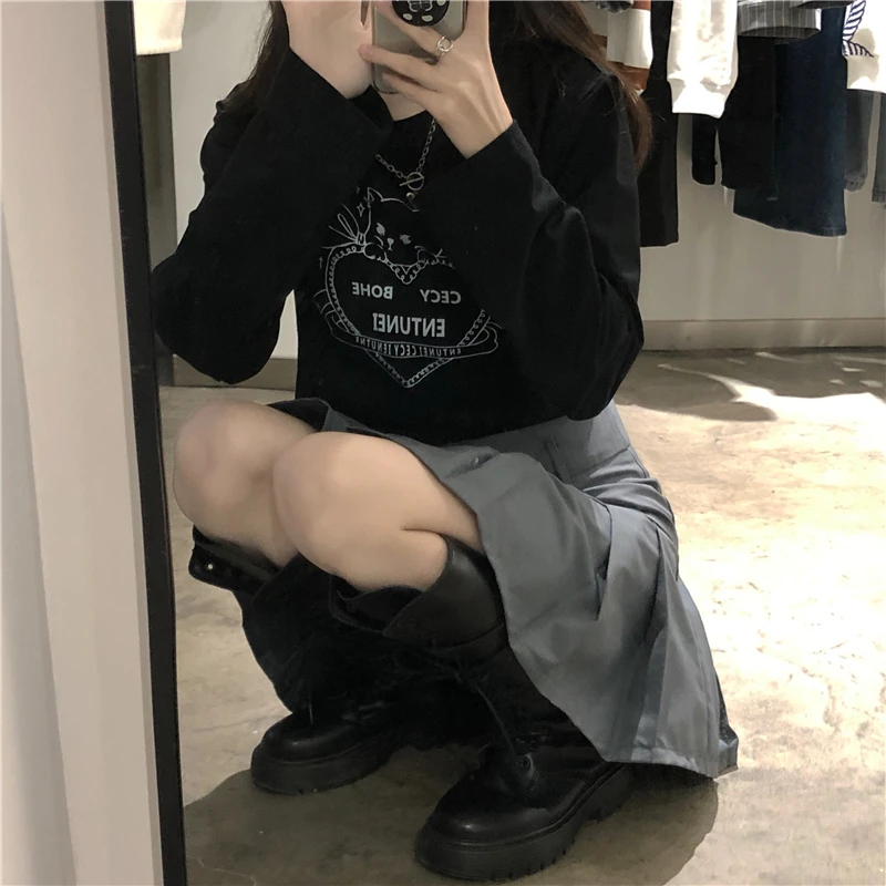 

Short Top Women's Summer Wear 2021 New Japanese Style Girl Cute Cat Printing Tight Midriff-Baring Long Sleeve T-shirt Fashion