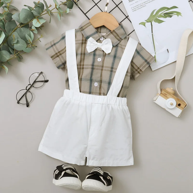 

0-2T 2Pcs Summer Baby Boys Short-sleeved Lattice Bodysuits Top + Overalls Pants Set Gentleman Clothing Set