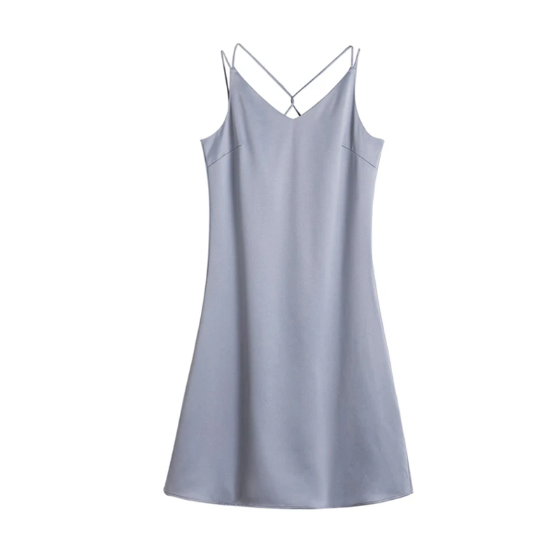 

Satin Slim Sling Dress For Women V-Neck Backless Solid Color Basis Knee Length Nightdress Summer Sexy Camisole Casual Nightwear