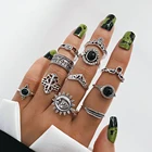 Женский комплект колец в стиле панк, винтажное посеребренное кольцо на палец с геометрическим узором и листьями солнца, ювелирные аксессуары, 2021