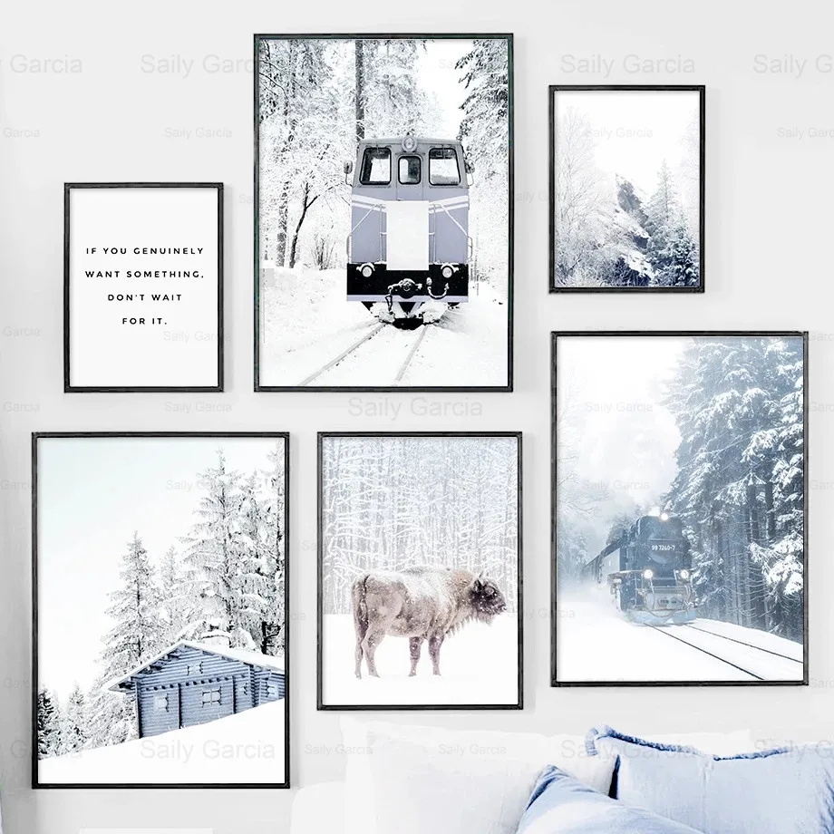 

Elegant Snowflake Poster Snow Scene Canvas Painting House Train Animal Forest Art Wallpaper Print Craft Picture Decoration Home