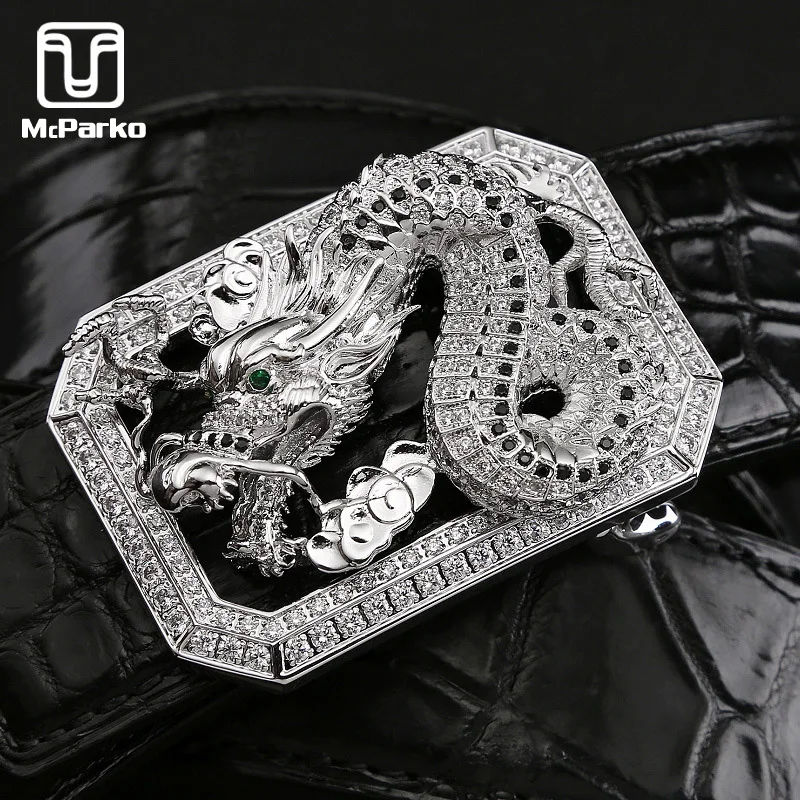 

McParko Luxury Crocodile Belt Genuine Leather Men Belt Fashion Chinese Lucky Loong Buckle with Rhinestone Waist Belt For Jeans