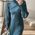 Женская шерстяная водолазка, синее платье-свитер макси в Корейском стиле, Осень-зима