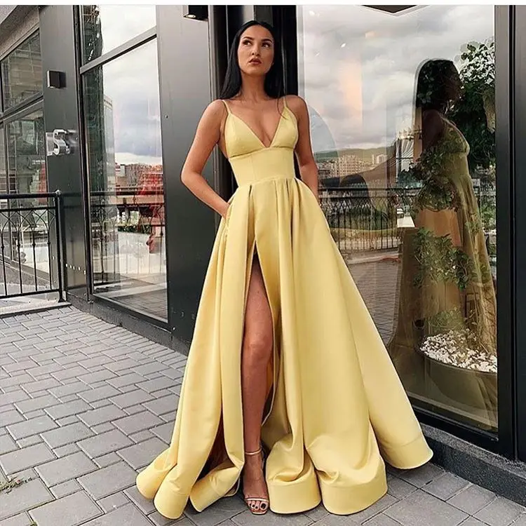 Модные оранжевые Желтые Вечерние платья Длинные 2019 Спагетти ремни v-образный
