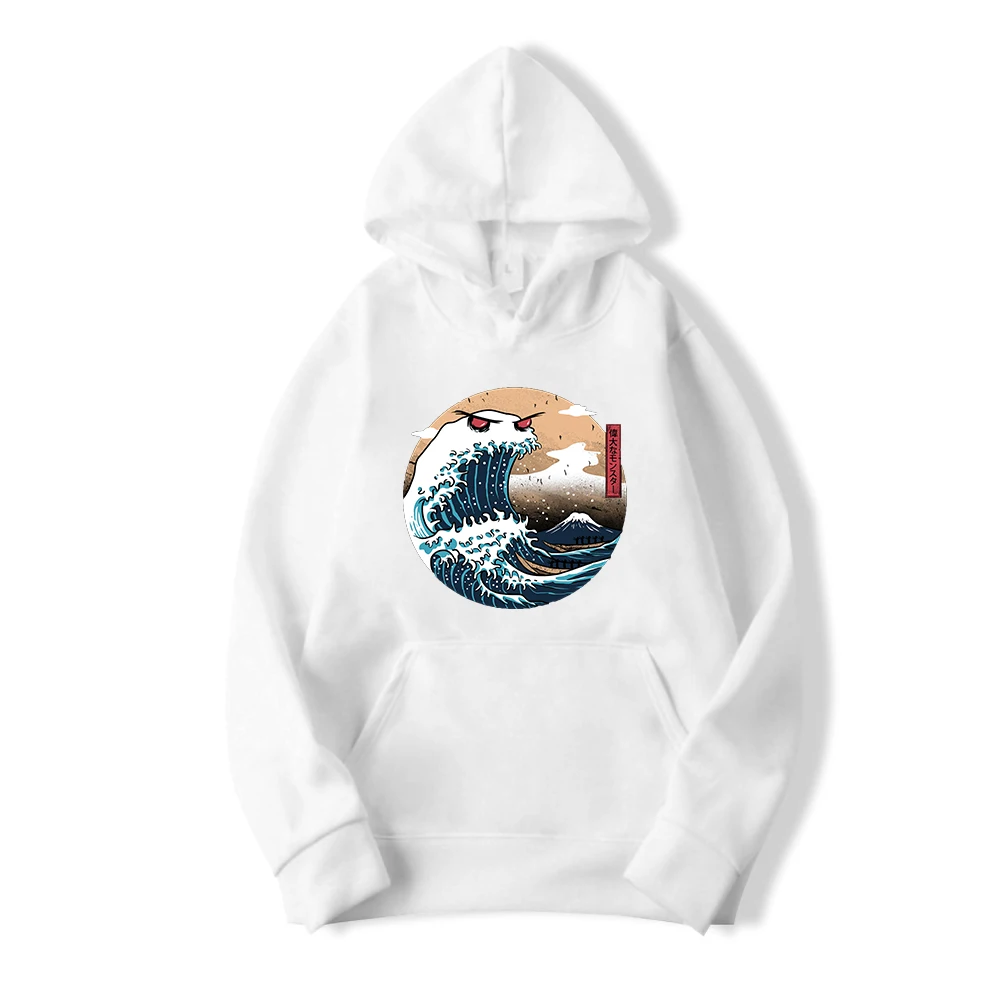 

100%COTTON The Great Monster Of Kanagawa Hooded Men Casual Fleece Soft Sweatshirts Autumn Simple Funny Hoodie Cartoon Manga
