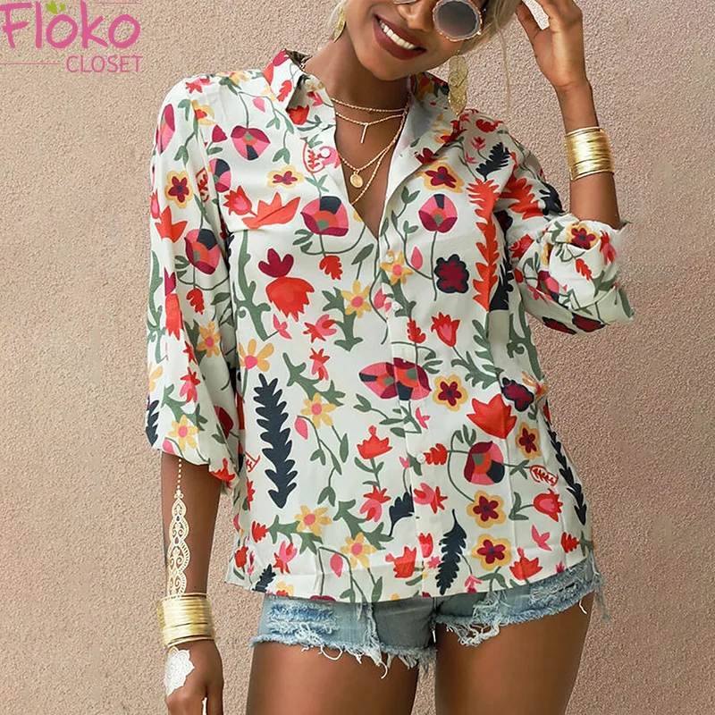 

Flokocloset Floral Print Chiffon Long Sleeve Button Up Shirt Women Casual Turn-down Collar Blouses Tops Spring Blusas Mujer