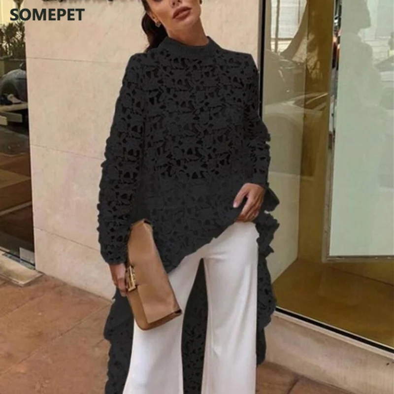 

2020 Sexy Beach Blouse Summer O-Neck Bikini Smock Crochet Hollow Out Knitted Irregular Tops White Female Shirt Transparent Tops