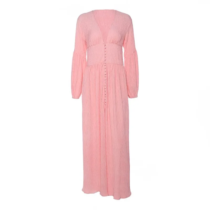 

European station ins2021 new French retro V-neck long skirt waist pleated loose temperament long-sleeved autumn dress