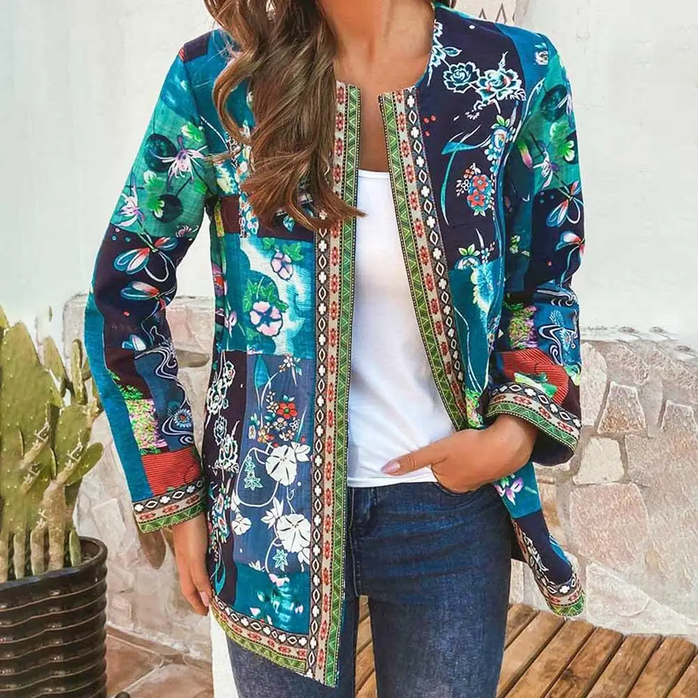 Женские осенние Этническая карманы с цветочным принтом длинным рукавом