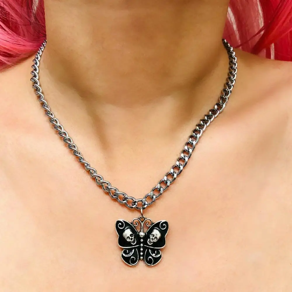 

Новинка 2021, металлическое ожерелье с подвеской в виде бабочки, черепа для женщин и девушек, винтажное ожерелье-чокер в стиле Харадзюку, панк,...