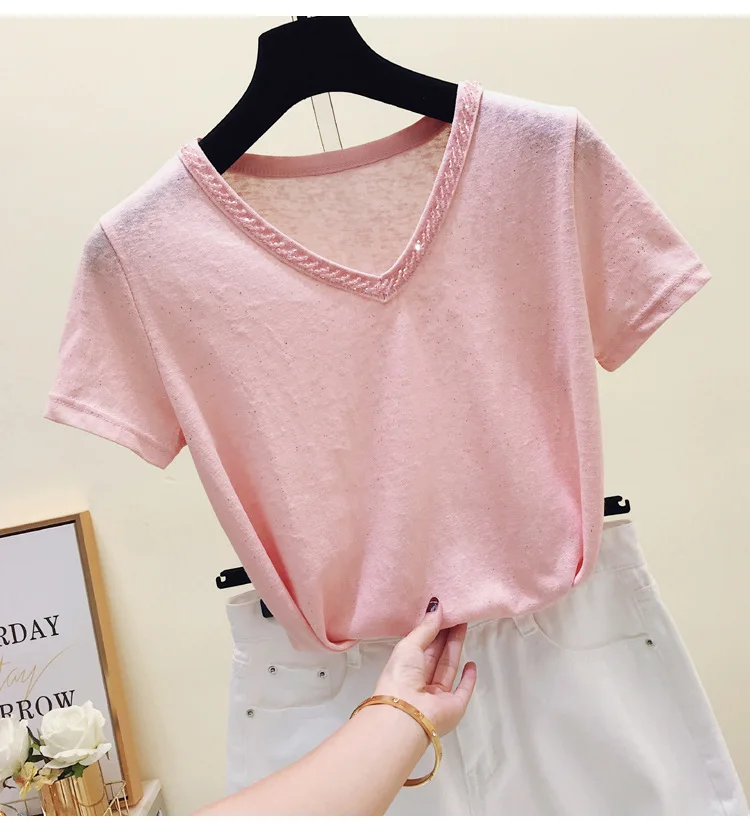 

Summer collection new Korean loose beaded V neck short sleeve T-shirt white ice silk knit half sleeve T-shirt top