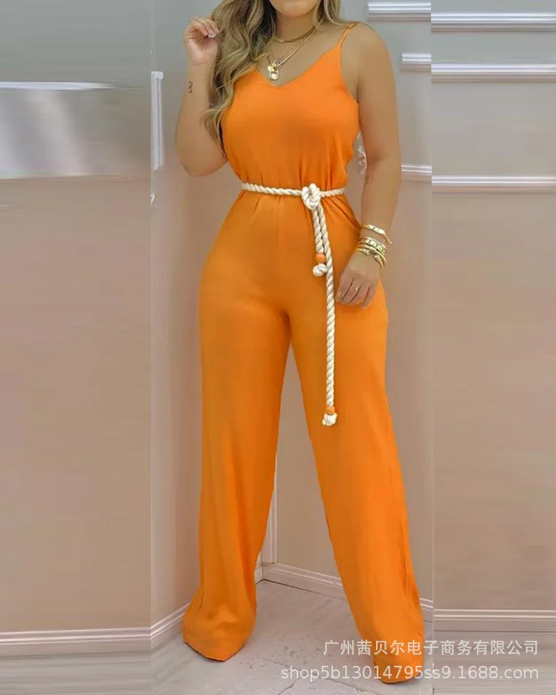 

Женский комбинезон Wepbel, оранжевый комбинезон на бретелях с широкими штанинами и V-образным вырезом, летний темпераментный комбинезон с пояс...
