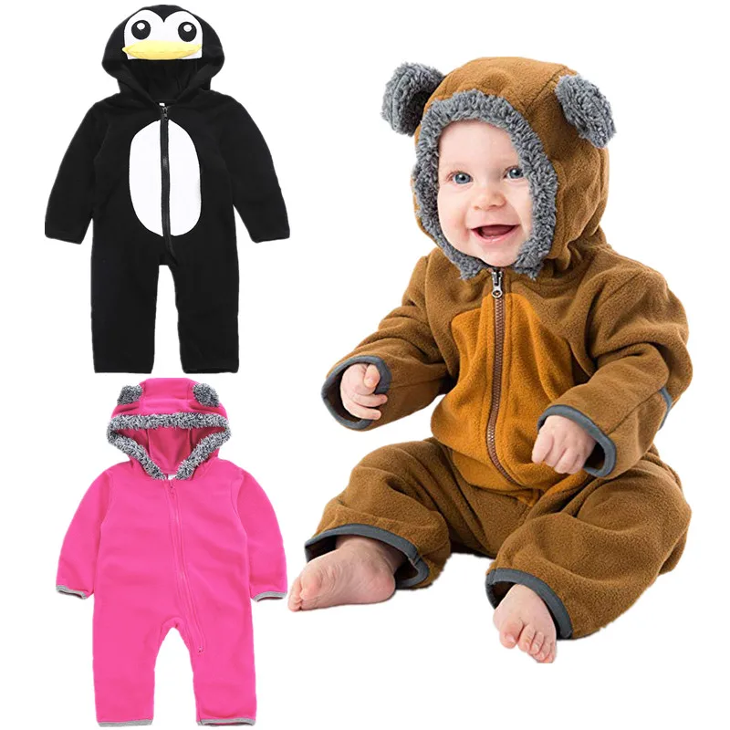 

Spring and autumn new baby long-sleeved hooded jumpsuit 0-2 year old baby cartoon pure cotton fleece zipper hooded jumpsuit